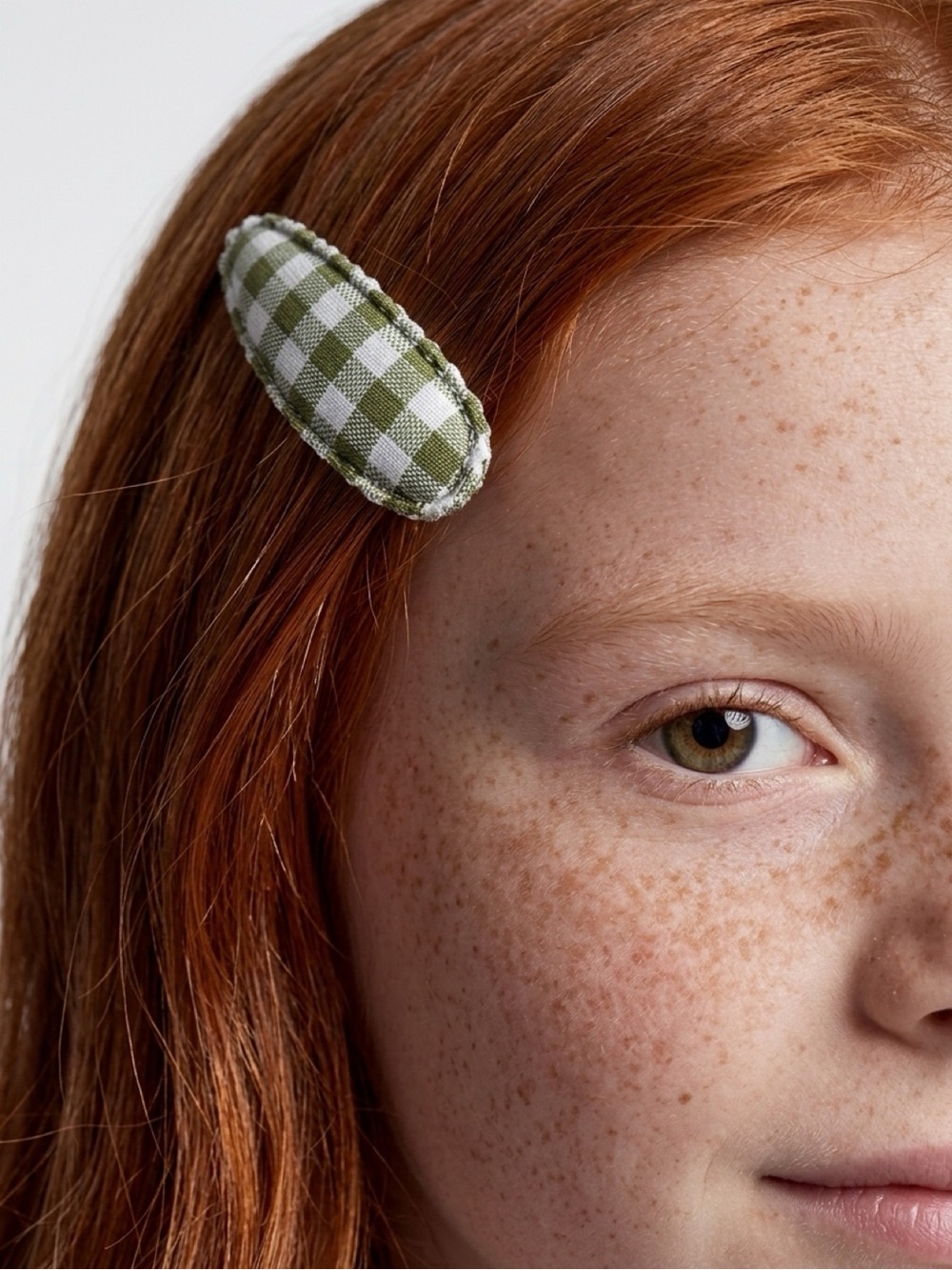 Handmade Green Gingham Fabric Snap Hair Clips Set Cottagecore
